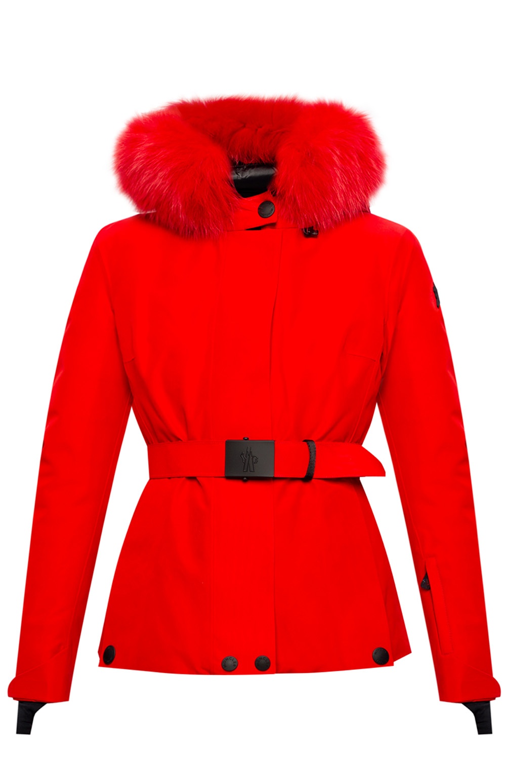 Moncler red jacket with fur hood hotsell